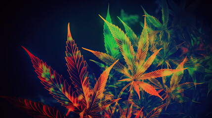 Cannabis with neon color leaves on a black background. Flowering marijuana plant with large colored vibrant foliage and bud flower. New modern look on medicinal cannabis hemp.