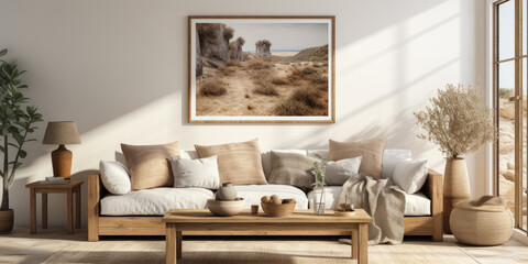 Minimalistic design in beige tones of a modern living room interior with rustic accents, a large painting on the wall above a light sofa, generative ai