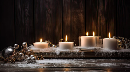 Close up of burning candles as a detail of christmas home decor. 