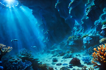 Undewater world landscape, reef, sea bottom with corals and seaweeds 