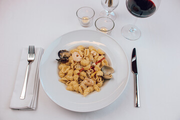Pasta in a stylish and luxurious restaurant