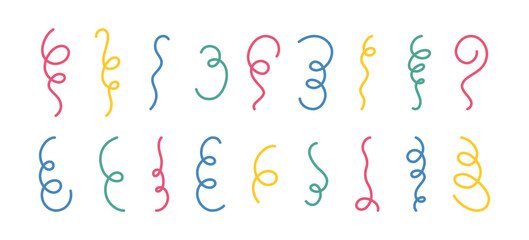 Doodle festive confetti and streamers set. Hand drawn falling confetti collection. Doodle party firecracker and popper elements. Color vector illustration on white background in childish style.