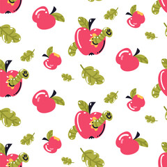 Seamless pattern with apples and worms in an apple and autumn leaves on a white background. Natural fruit design for autumn. The theme of the school is to gnaw the granite of science. Cartoon texture
