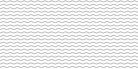 Wave line seamless pattern. Wavy thin stripes pattern. Black horizontal water curve lines texture. Simple monochrome black and white background. Editable stroke. Vector illustration.