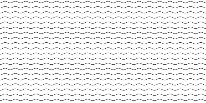 Wave line seamless pattern. Wavy thin stripes pattern. Black horizontal water curve lines texture. Simple monochrome black and white background. Editable stroke. Vector illustration.
