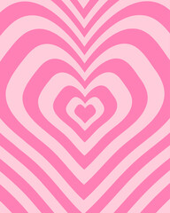 Groovy psychedelic poster in y2k style. Distorted repeating hearts background in trendy retro 2000s design. Cute vector flat illustration in pink pastel colors. 