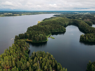 Drone view to lake in  Saaren National park, Finland , Tammela
