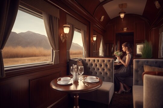 Concept art illustration of luxury travel by train, Generative AI