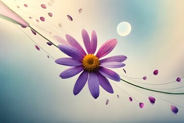 abstract background with flowers, purple flower graphically designed such that dimmed sun in the background with wavy rope one side 