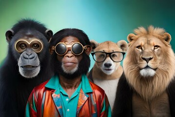 different animals in a group, wearing shirts and goggles, characters of movie 