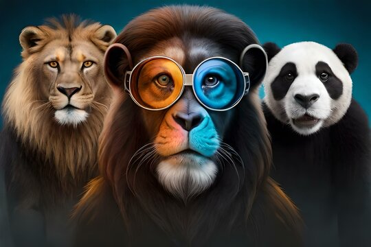 group of animals , chimpanzee, lion nad panda standing together, monkey wearing mysterious colored goggles ,animals representing characters of movie