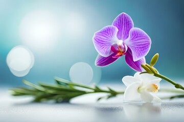 purple orchid flower on the blue background, flowers on the clear background, purple orchid is so beautiful