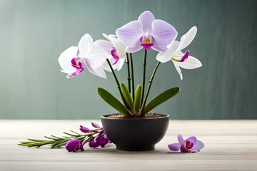 pink and white orchid in the vase, greenery plants and flowers, flowers on simple background 