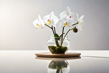 white orchid in vase, vase containing flowers, glass vase containing beautiful white orchid flowers , on marble top