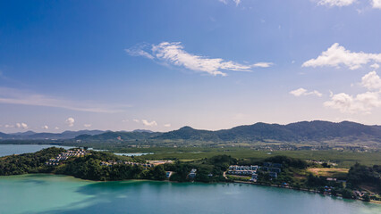 Aerial view of Ao Yon beach at sunset. , beautiful place Near the pier boarding point in Phuket, Thailand