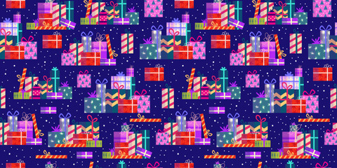 Fototapeta premium Christmas gift stack seamless pattern. Present box for holiday. Bright seamless pattern for present paper. Cartoon vector illustration. Christmas box.