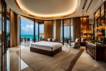 Hotel room interior. Modern hotel. Seaside resort. Sea view. Bedroom interior. Cozy bedroom. Big double bed. Bedroom furniture.