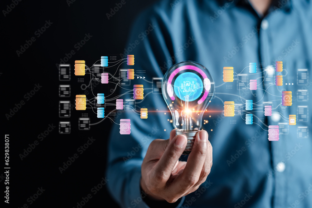 Aufkleber Businessman using ai technology for data analytics, Artificial Intelligence generate. Futuristic technology, robot in online system. Business in future to invest and develop corporate concept.