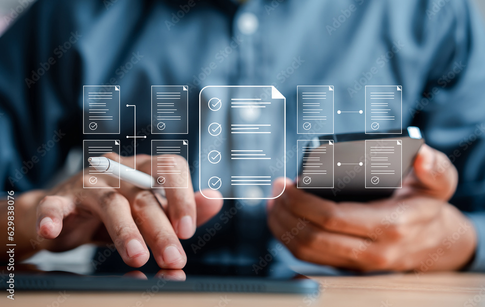 Aufkleber Online survey filling out and digital form checklist by laptop computer, Document Management Checking System, online documentation database and process manage files.