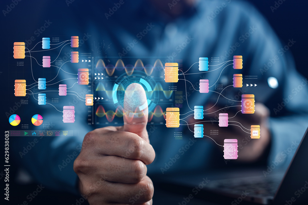 Aufkleber Businessman using ai technology for data analytics, Artificial Intelligence generate. Futuristic technology, robot in online system. Business in future to invest and develop corporate concept.