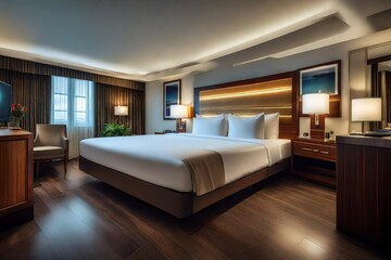 Hotel room interior. Modern hotel. Seaside resort. Sea view. Bedroom interior. Cozy bedroom. Big double bed. Bedroom furniture.