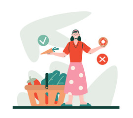 Female holding donut and carrot, standing near basket with vegetables. Choice between healthy and unhealthy food. Concept of healthy living and eating healthy food. Flat vector illustration