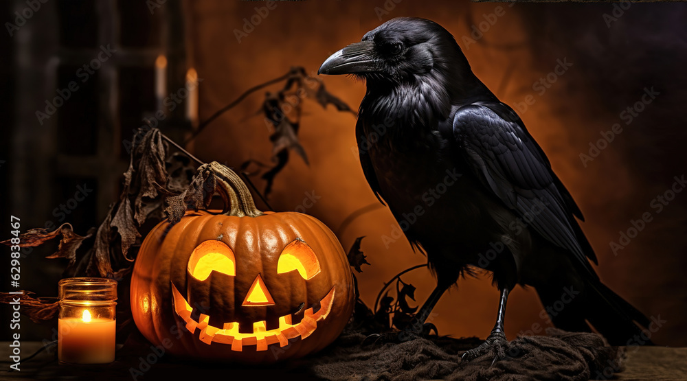 Wall mural halloween pumpkin and a crow, generative ai