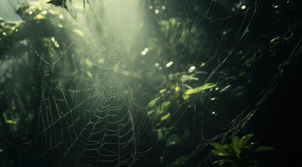 Spider webs on green forest background, generative ai