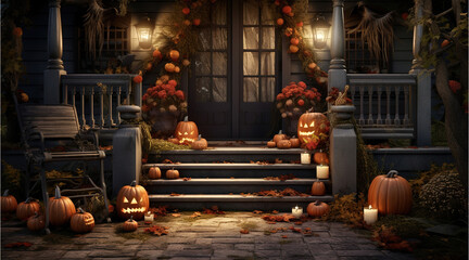 Halloween decoration on a porch and stairs to the entry door of a house, generative ai