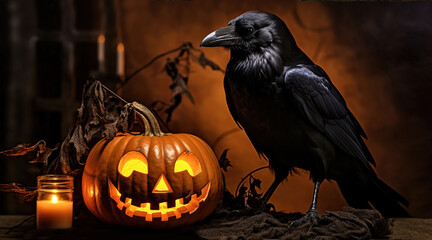 Halloween pumpkin and a crow, generative ai