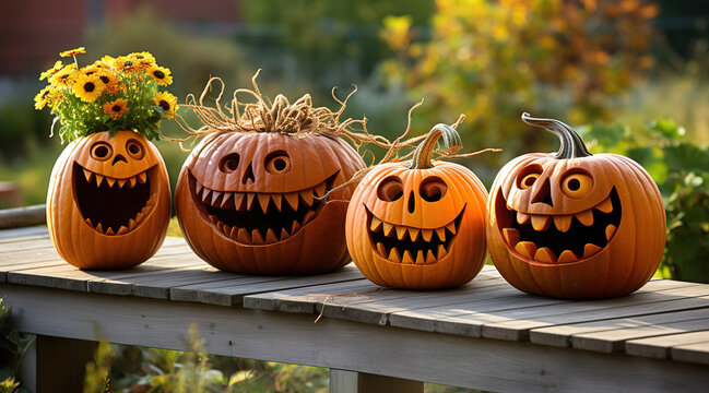 Crazy Halloween pumpkins smiling at daylight, generative ai