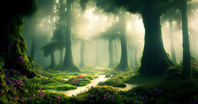illustrazione con fiabesco sottobosco di antica foresta, con muschi, erbe verdeggianti e fiori, luce che filtra tra gli alberi