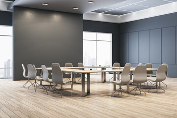 Modern meeting room interior with empty mock up place on wall, furniture and window with city view. 3D Rendering.