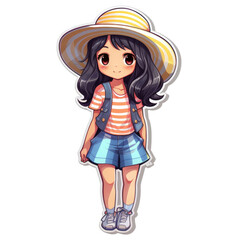 Sticker of a cute Asian girl in urban summer clothes isolated on white background