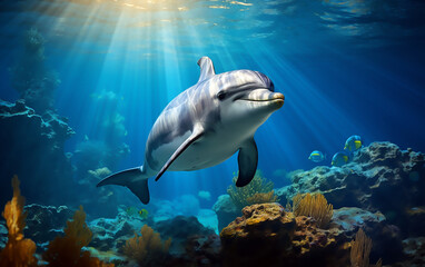 Dolphin swimming in the sea with sun shining through water
