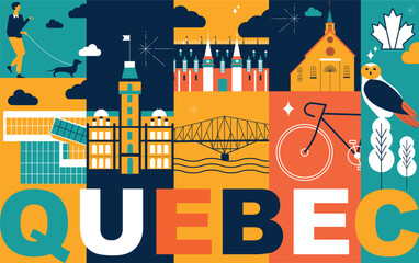 Typography word Quebec branding technology concept. Collection of flat vector web icons. Canadian culture travel set, architectures, specialties detailed silhouette. Doodle American famous landmark