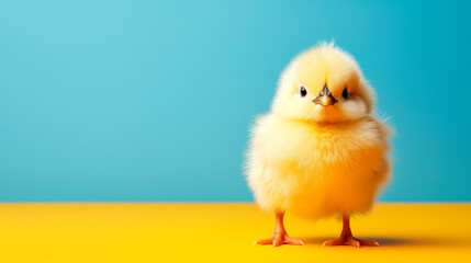 Adorable little yellow chicken standing on the color background