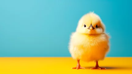 Fotobehang Adorable little yellow chicken standing on the color background © graja