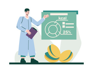 Lab worker shows composition of fruit. Concept of healthy living and eating healthy food. Choose natural products for eat concept. Flat vector illustration in cartoon style