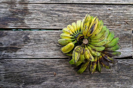 A harvest of cardava banana (also known as saba banana or kepok banana) on wooden background.