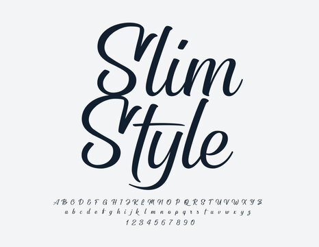 Vector Slim Style Alphabet set. Black elegant Font. Chic Cursive Letters and Numbers