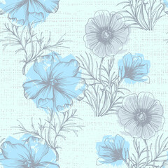 Wild flowers Seamless pattern kosmeya. Floral pattern. Plant background for fashion, tapestries, prints. Modern floral design perfect for fashion and decoration