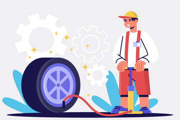 Man in uniform stands near pump and pumps up wheel. Technic occupation. Automobile repair service concept. Flat vector illustration in cartoon style in blue and red colors