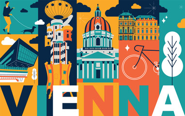 Typography word "Vienna" branding technology concept. Collection of flat vector web icons. Culture travel set, famous architectures, specialties detailed silhouette. Austria famous landmark