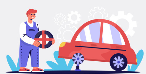 Naklejka premium Mechanic holding wheel and changing it on raised car. Technic occupation. Automobile repair service concept. Flat vector illustration in cartoon style in blue and red colors
