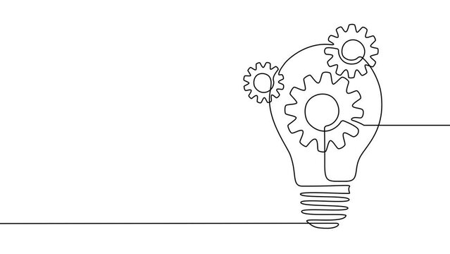 Drawing line of light bulb with gears. Continuous outline of lightbulb Creative Concept animation of Innovation and Business Idea 