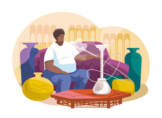 African adult client sitting on couch and smoking in pub. Traditional oriental, Asian leisure concept. Diverse people relaxing in lounge zone. Flat vector illustration in cartoon style