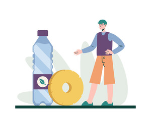 Young male standing near bottle of water and slice of pineapple. Choose drink with fruits and vitamins. Natural products for eat and drink concept. Flat vector illustration
