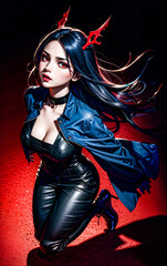 an anime girl with long black hair wearing a black jacket and black leather pants