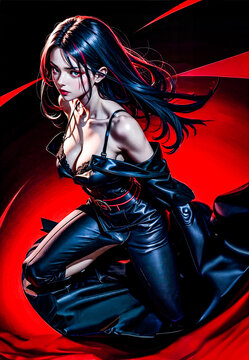 an anime girl with long black hair wearing a black jacket and black leather pants